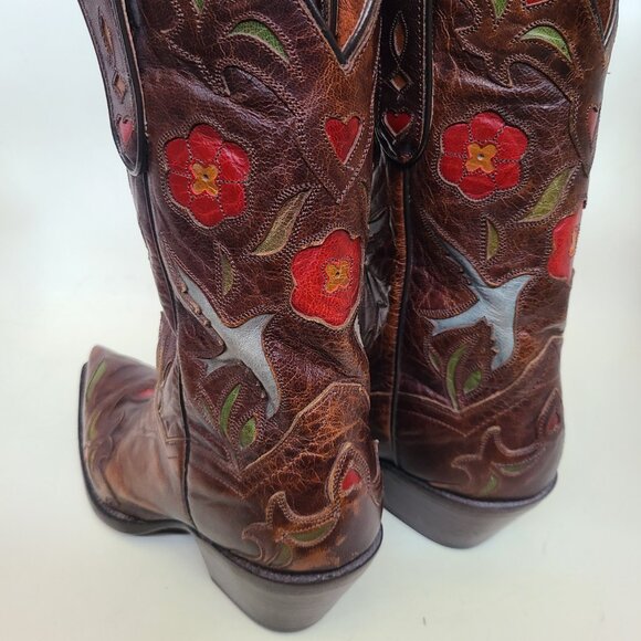 Vtg Dan Post Brown Pointed Toe Boots 6.5 Embroidered Flowers Bluebirds Hearts - Picture 6 of 15